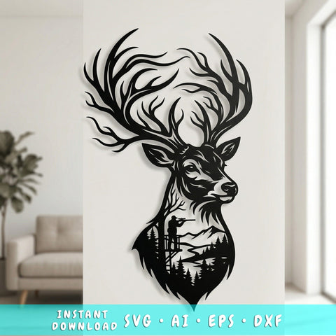 Deer Hunting Metal Wall Art SVG | Plasma Cut Deer Head with Hunter Scene | CNC Laser Cut File SVG HappyDesignStudio 