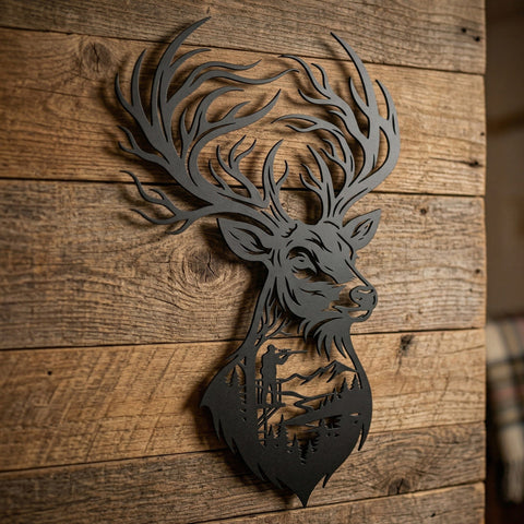 Deer Hunting Metal Wall Art SVG | Plasma Cut Deer Head with Hunter Scene | CNC Laser Cut File SVG HappyDesignStudio 