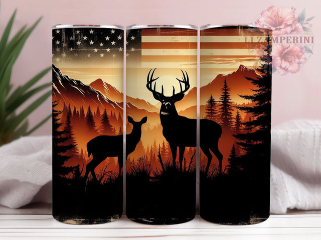 Deer Hunting Patriotic Camo Tumbler, American Flag Hunter Wrap, 20oz Tumbler Sublimation, Patriotic Hunting Design, Rustic Outdoorsman Gift, Buck Silhouette Art Sublimation Li Zamperini 