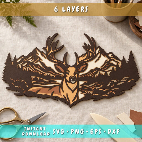 Deer Mountain 3D SVG | 6 Layer Deer Laser Cut File | Buck Mountain Scene DXF | Multilayer Wildlife SVG | Layered Deer Wall Art 3D Paper HappyDesignStudio 