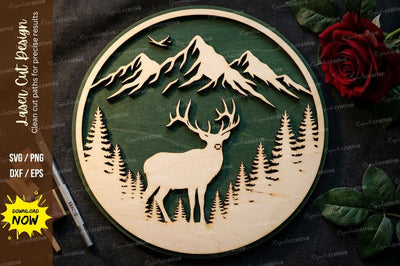 Deer Mountain Forest Round Frame – Laser Cut Wooden Wall Art Design SVG Regulrcrative 