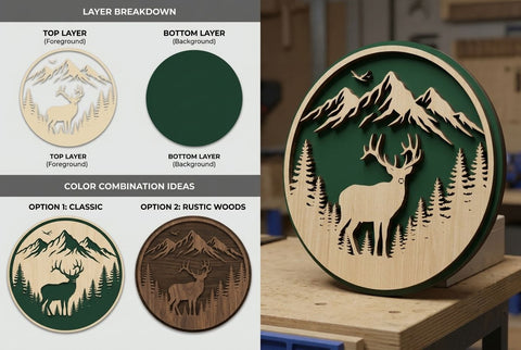 Deer Mountain Forest Round Frame – Laser Cut Wooden Wall Art Design SVG Regulrcrative 
