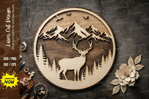 Deer Mountain Forest Scene – Round Laser Cut Wooden Wall Art Design SVG Regulrcrative 