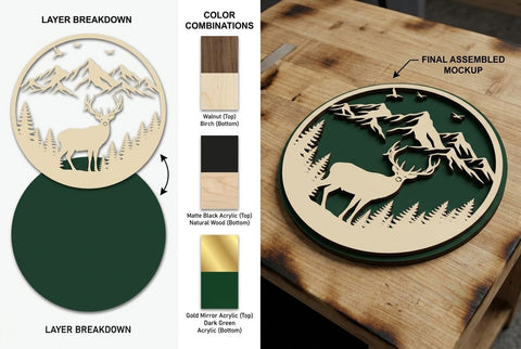 Deer Mountain Forest Scene – Round Laser Cut Wooden Wall Art Design SVG Regulrcrative 