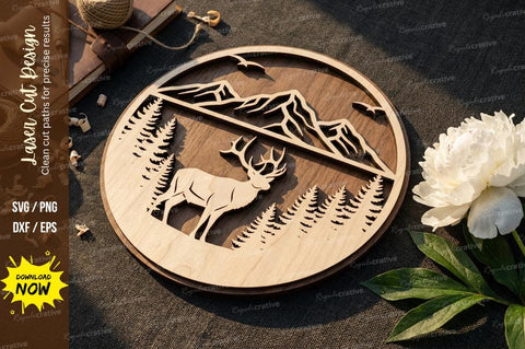 Deer Mountain Landscape Round Frame – Laser Cut Wooden Nature Wall Art SVG Regulrcrative 