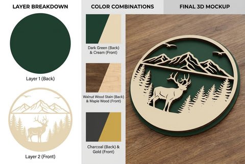 Deer Mountain Landscape Round Frame – Laser Cut Wooden Nature Wall Art SVG Regulrcrative 