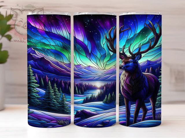 Deer Northern Lights Stained Glass Tumbler, Animal Stained Glass Sublimation Design, Festive Deer Art, 20oz Holiday Tumbler, Whimsical Deer Mug, Stylish Stained Glass Cup, Cozy Northern Lights Wrap Sublimation Lara' s Designs 