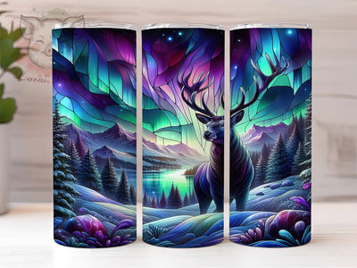 Deer Northern Lights Stained Glass Tumbler, Animal Stained Glass Sublimation Design, Festive Deer Art, 20oz Holiday Tumbler, Whimsical Deer Mug, Stylish Stained Glass Cup, Cozy Northern Lights Wrap Sublimation Lara' s Designs 