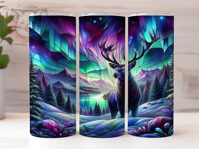 Deer Northern Lights Stained Glass Tumbler, Animal Stained Glass Sublimation Design, Festive Deer Art, 20oz Holiday Tumbler, Whimsical Deer Mug, Stylish Stained Glass Cup, Cozy Northern Lights Wrap Sublimation Lara' s Designs 