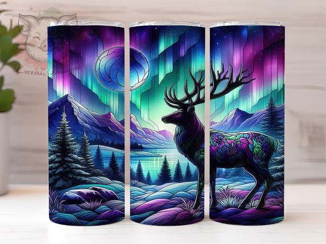 Deer Northern Lights Stained Glass Tumbler, Animal Stained Glass Sublimation Design, Festive Deer Art, 20oz Holiday Tumbler, Whimsical Deer Mug, Stylish Stained Glass Cup, Cozy Northern Lights Wrap Sublimation Lara' s Designs 