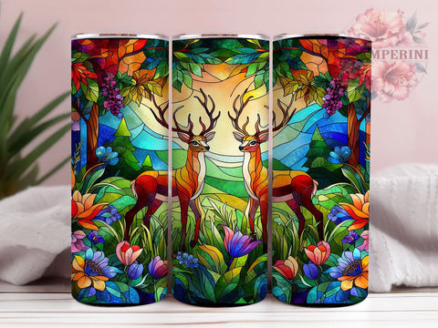 Deer Stained Glass 20oz Tumbler Wrap PNG, Floral Deers Tumbler Png, Straight & Tapered Tumbler Wrap, Instant Digital Download Sublimation Li Zamperini 