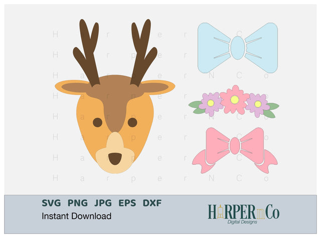 Deer with Bows and Flowers SVG PNG Cut EPS File SVG HarperNCo 
