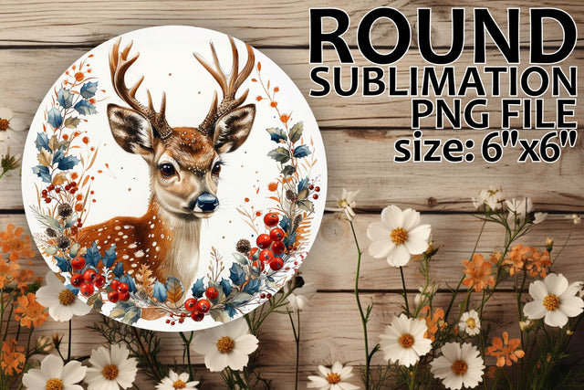 Deer with Flowers Round Ornament Sublimation Design Sublimation afrosvg 
