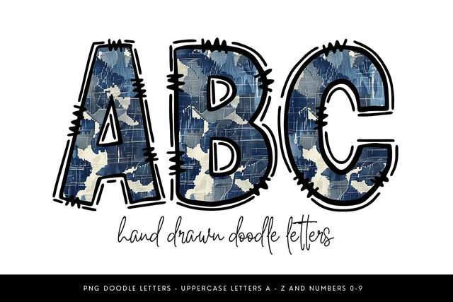 Denim Alphabet PNG, Camo Doodle Letters and Numbers Sublimation BijouBay 