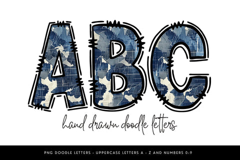 Denim Alphabet PNG, Camo Doodle Letters and Numbers Sublimation BijouBay 