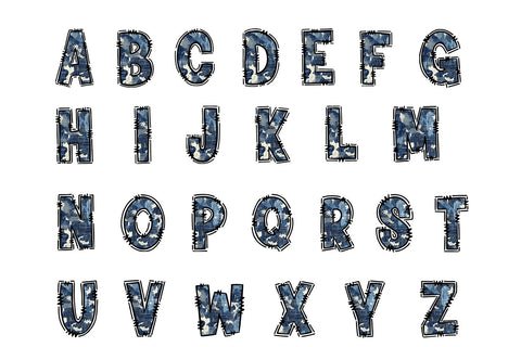 Denim Alphabet PNG, Camo Doodle Letters and Numbers Sublimation BijouBay 
