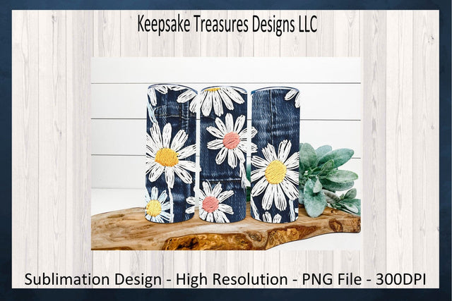 Denim Faux Embroidery Daisies 20oz Straight Tumbler Wrap Sublimation PNG, Car Coaster Template, Spring Daisy Tumbler, Digital Download Sublimation Keepsake Treasures Designs LLC. 