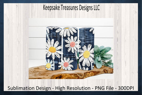Denim Faux Embroidery Daisies 20oz Straight Tumbler Wrap Sublimation PNG, Car Coaster Template, Spring Daisy Tumbler, Digital Download Sublimation Keepsake Treasures Designs LLC. 