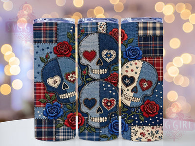 Denim Skull Patchwork 20oz Tumbler, Skull Motif, Patchwork Accent, Denim Theme, Glow Art Design, Gothic Flair, Sublimation Wrap, 20oz Tumbler Sublimation SvggirlplusArt 
