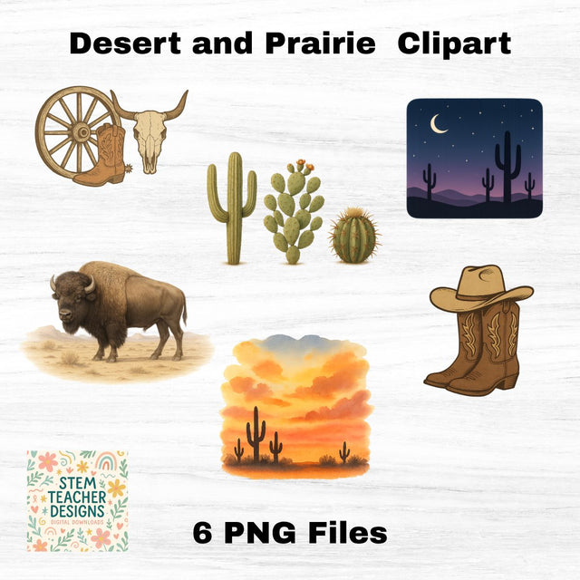 Desert and Prairie Clipart – Cowboy, Cactus, Sunset PNGs Sublimation The STEM Teacher 