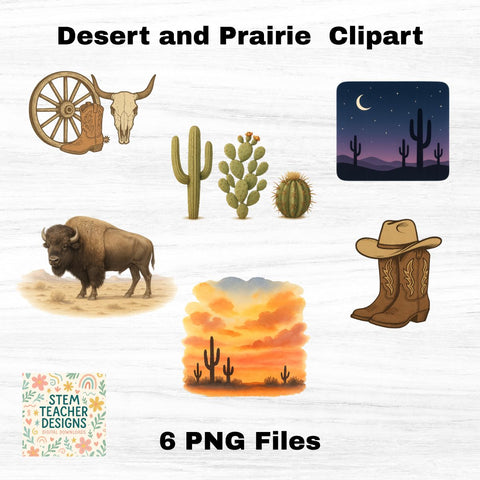 Desert and Prairie Clipart – Cowboy, Cactus, Sunset PNGs Sublimation The STEM Teacher 