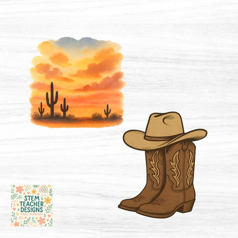 Desert and Prairie Clipart – Cowboy, Cactus, Sunset PNGs Sublimation The STEM Teacher 