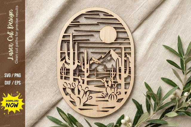 Desert Cactus Mountain Arch Scene – Laser Cut Wooden Landscape Wall Art Design SVG Regulrcrative 