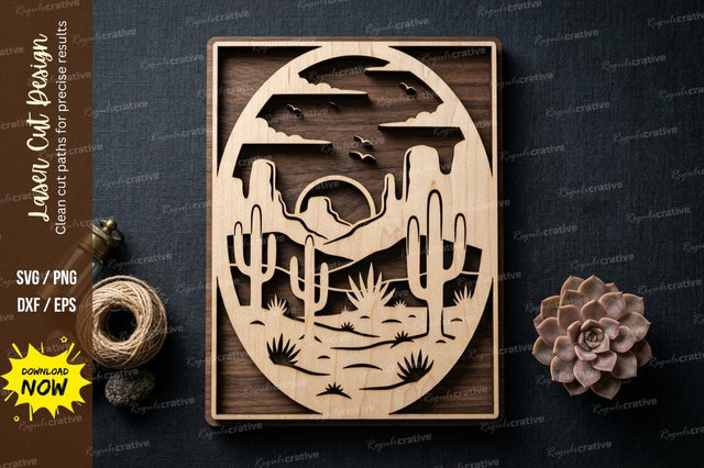Desert Cactus Oval Frame SVG Laser Cut Design | Southwest Landscape Pattern SVG Regulrcrative 