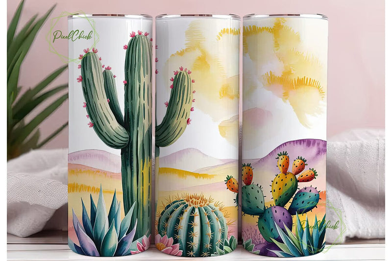 Desert Cactus Watercolor 20oz Tumbler Sublimation PixelChick 