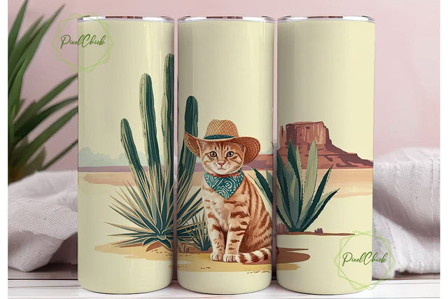 Desert Cat Cowboy 20oz Tumbler Wrap Sublimation PixelChick 