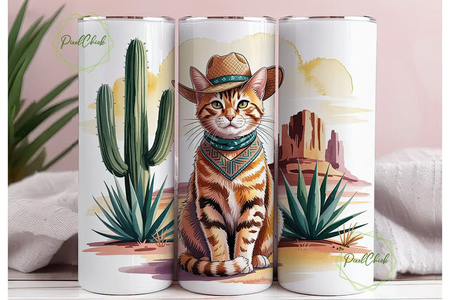 Desert Cat Cowboy 20oz Tumbler Wrap Sublimation PixelChick 