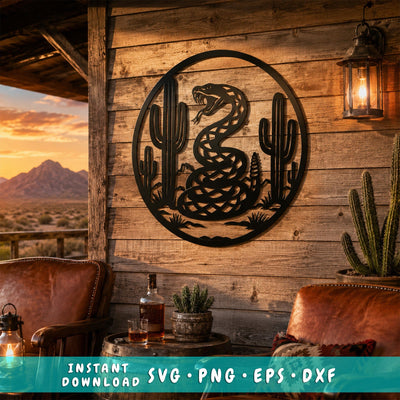 Desert Rattlesnake Laser SVG | Snake Metal Wall Art DXF | Western Cactus Scene Svg | Plasma CNC Cut File | Rustic Desert Decor SVG HappyDesignStudio 