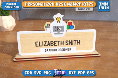Desk Nameplate Laser Cut | Name Plate Sign | Personalized Name Plate | CNC File SVG The T Store Design 