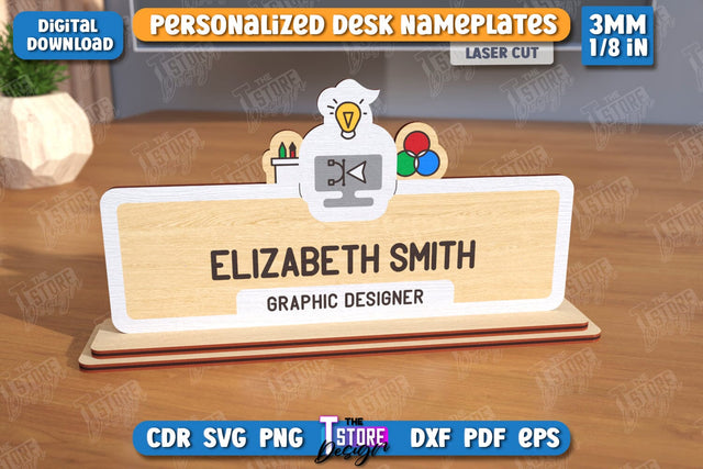 Desk Nameplate Laser Cut | Name Plate Sign | Personalized Name Plate | CNC File SVG The T Store Design 
