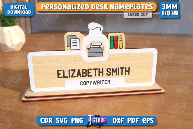 Desk Nameplate Laser Cut | Name Plate Sign | Personalized Name Plate | CNC File SVG The T Store Design 