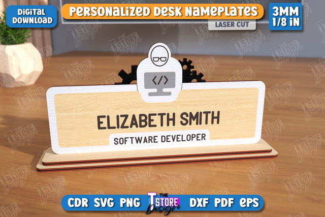 Desk Nameplate Laser Cut | Name Plate Sign | Personalized Name Plate | CNC File SVG The T Store Design 