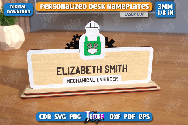 Desk Nameplate Laser Cut | Name Plate Sign | Personalized Name Plate | CNC File SVG The T Store Design 