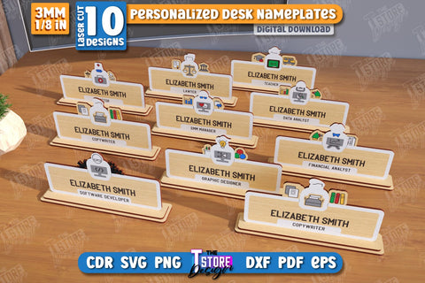 Desk Nameplates Laser Cut Bundle | Name Plate Signs | Personalized Name Plates | CNC Files SVG The T Store Design 