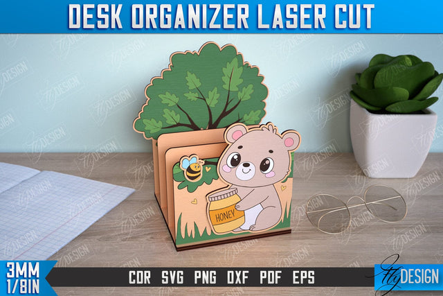 Desk Organizer | Bear Design | Supplies Organizer | Notepad Holders | CNC File SVG Fly Design 