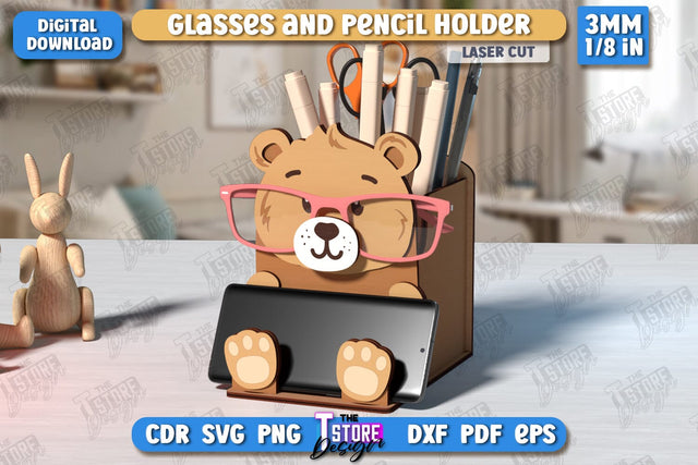 Desk Organizer Laser Cut | Bear Design | Glasses and Pencil Holder | CNC File SVG The T Store Design 