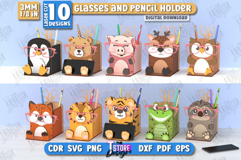 Desk Organizer Laser Cut Bundle | Animals Design | Glasses and Pencil Holder | CNC Files SVG The T Store Design 