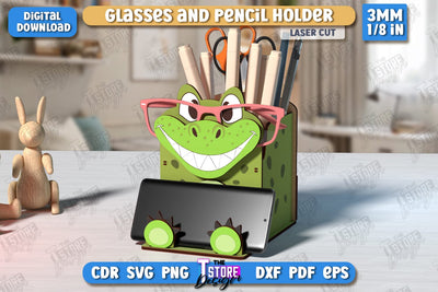 Desk Organizer Laser Cut | Crocodile Design | Glasses and Pencil Holder | CNC File SVG The T Store Design 