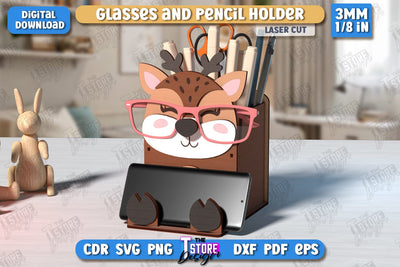 Desk Organizer Laser Cut | Deer Design | Glasses and Pencil Holder | CNC File SVG The T Store Design 