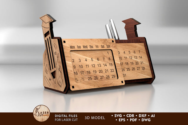 Desk Organizer Laser Cut File for Wood/MDF with Perpetual Calendar and Pen Holder SVG SVG LaserCutano 