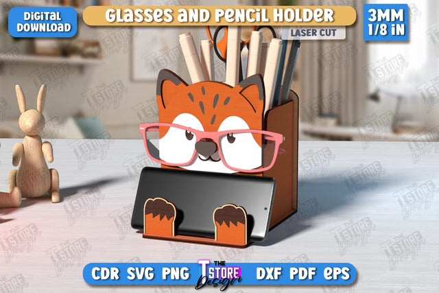 Desk Organizer Laser Cut | Fox Design | Glasses and Pencil Holder | CNC File SVG The T Store Design 