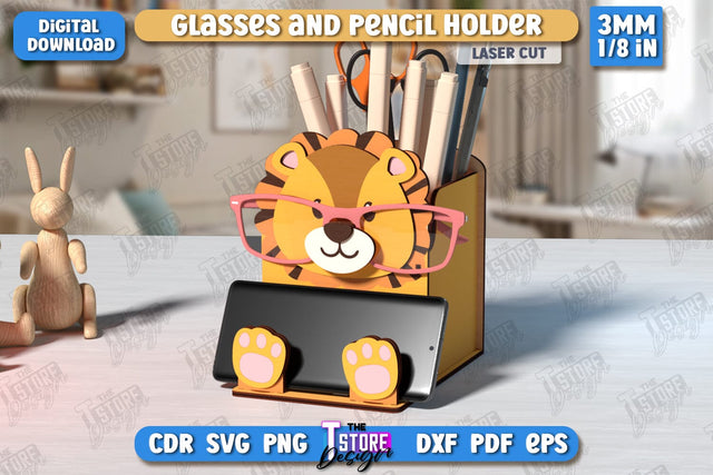 Desk Organizer Laser Cut | Leo Design | Glasses and Pencil Holder | CNC File SVG The T Store Design 