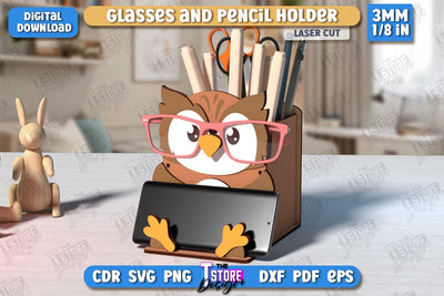 Desk Organizer Laser Cut | Owl Design | Glasses and Pencil Holder | CNC File SVG The T Store Design 