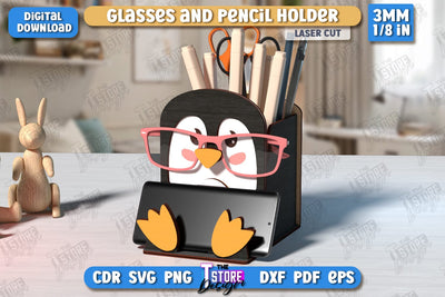 Desk Organizer Laser Cut | Penguin Design | Glasses and Pencil Holder | CNC File SVG The T Store Design 