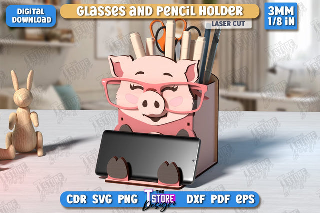 Desk Organizer Laser Cut | Pig Design | Glasses and Pencil Holder | CNC File SVG The T Store Design 