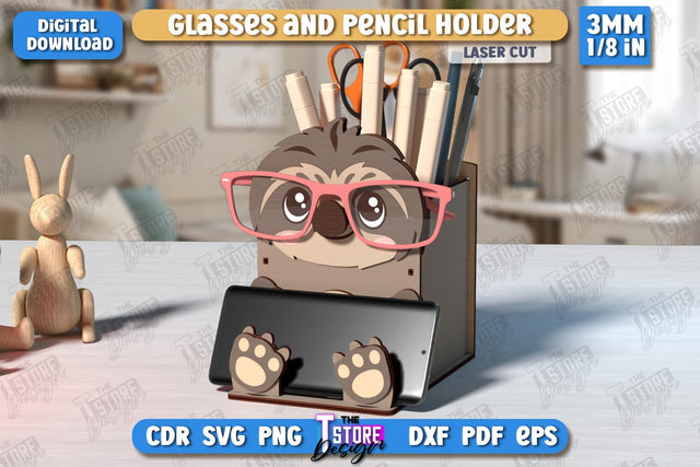 Desk Organizer Laser Cut | Sloth Design | Glasses and Pencil Holder | CNC File SVG The T Store Design 